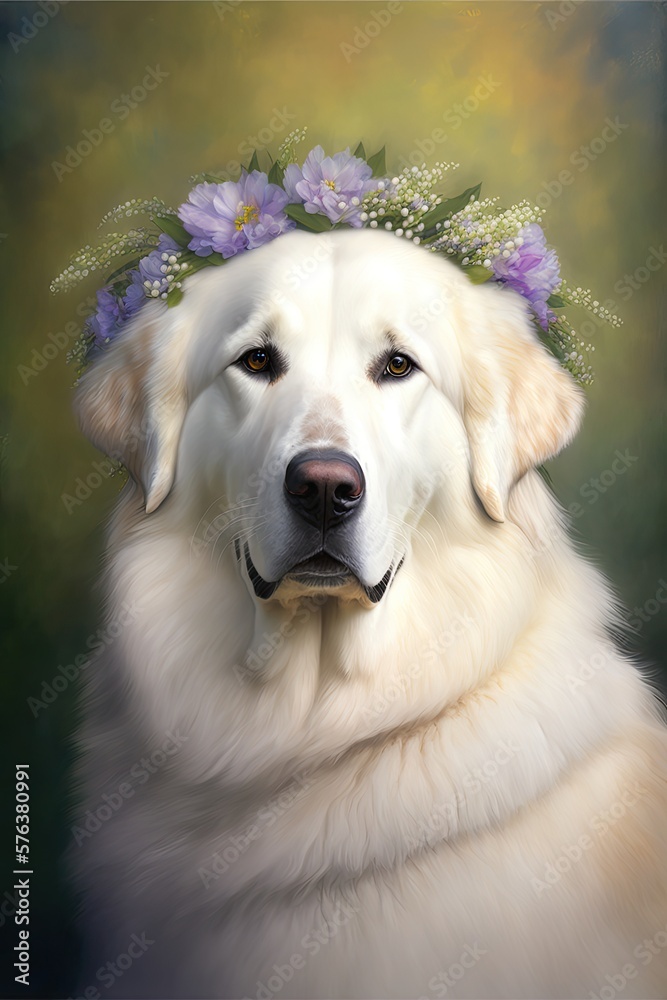 Great Pyrenees Dog Portrait Looking AT Camera Wearing Flower Crown Great Pyrenees Dog Portrait Looking AT Camera Wearing Flower Crown