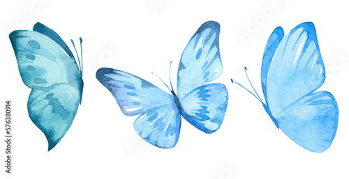 Set of the blue butterflies in pastel colors isolated on white background. Watercolor. Illustration. Blue, yellow, pink and ivory butterfly spring illustration