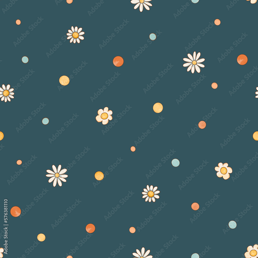 Cute daisy flowers summer seamless pattern and colorful polka dots