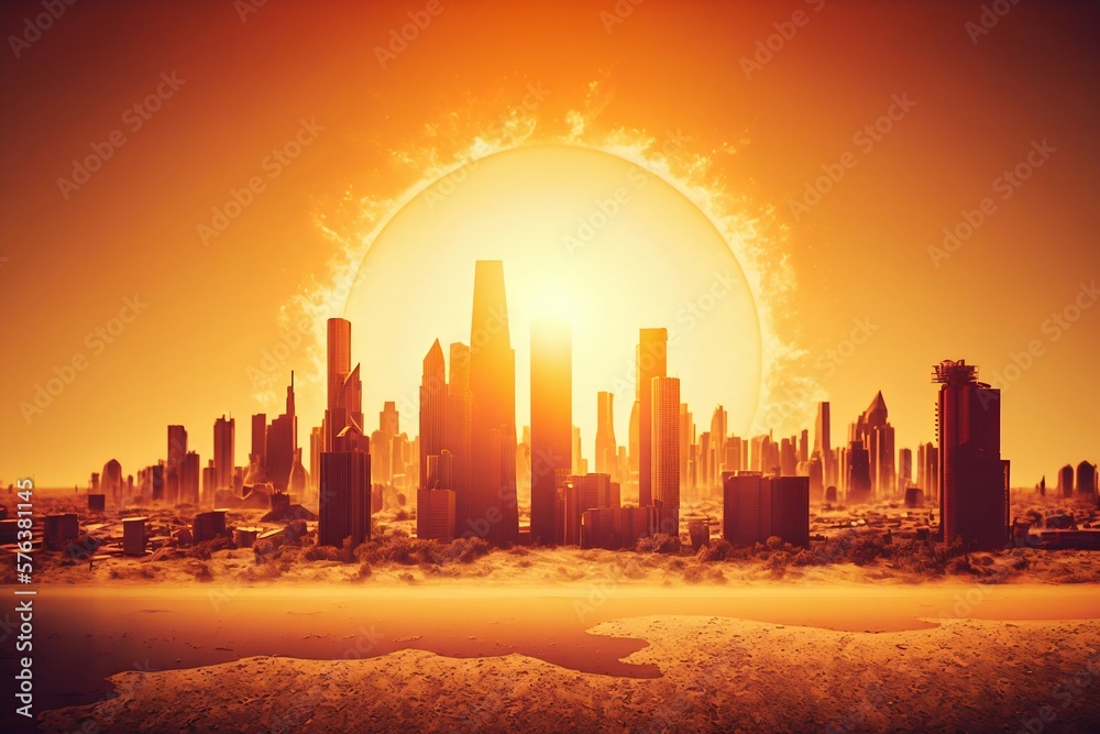 Fototapeta premium Heatwave sun over a urban city, global warming. Generative AI
