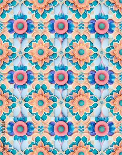Wallpaper of floral with relief. pattern for repeat duplicates with flips mirror. Pattern mirror of flowers mandalas with texture and leaves orange and blue background. Generative AI. Rapport mirrored