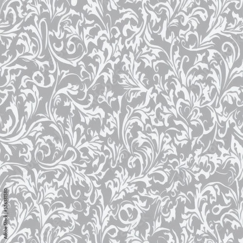 An abstract damask seamless pattern background in pale colors, generative ai