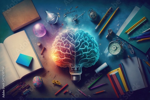 Colorful lightbulb brain with books and stationery, education concept, AI generated