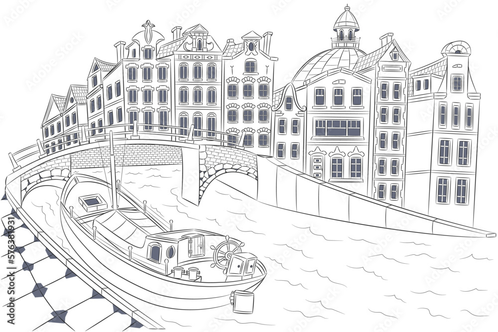 Old traditional Dutch stone houses, a barge and a bridge over a canal. Old traditional Dutch stone houses, a barge and a bridge over a canal.