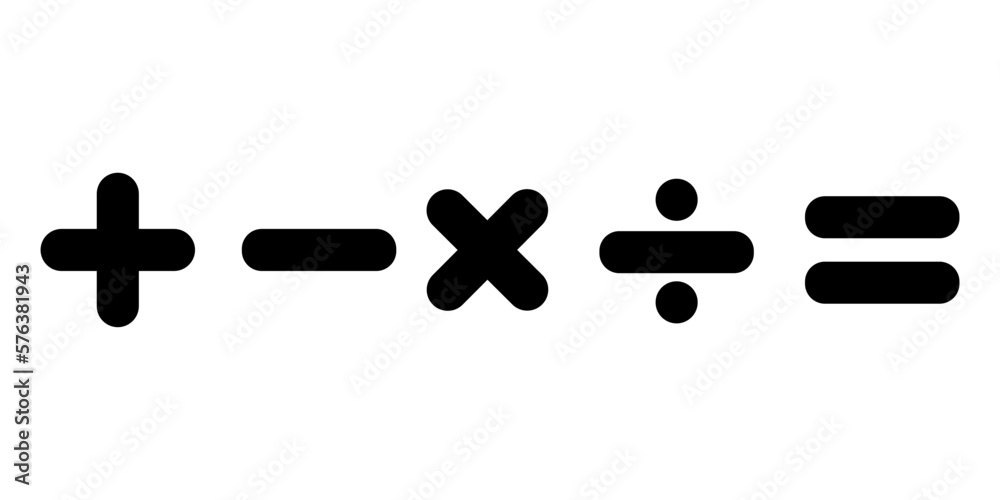 Basic math symbols icons set,  basic mathematics symbols collection plus minus equal divide multiply icon set, black mathematics symbols icons  isolated on white background.