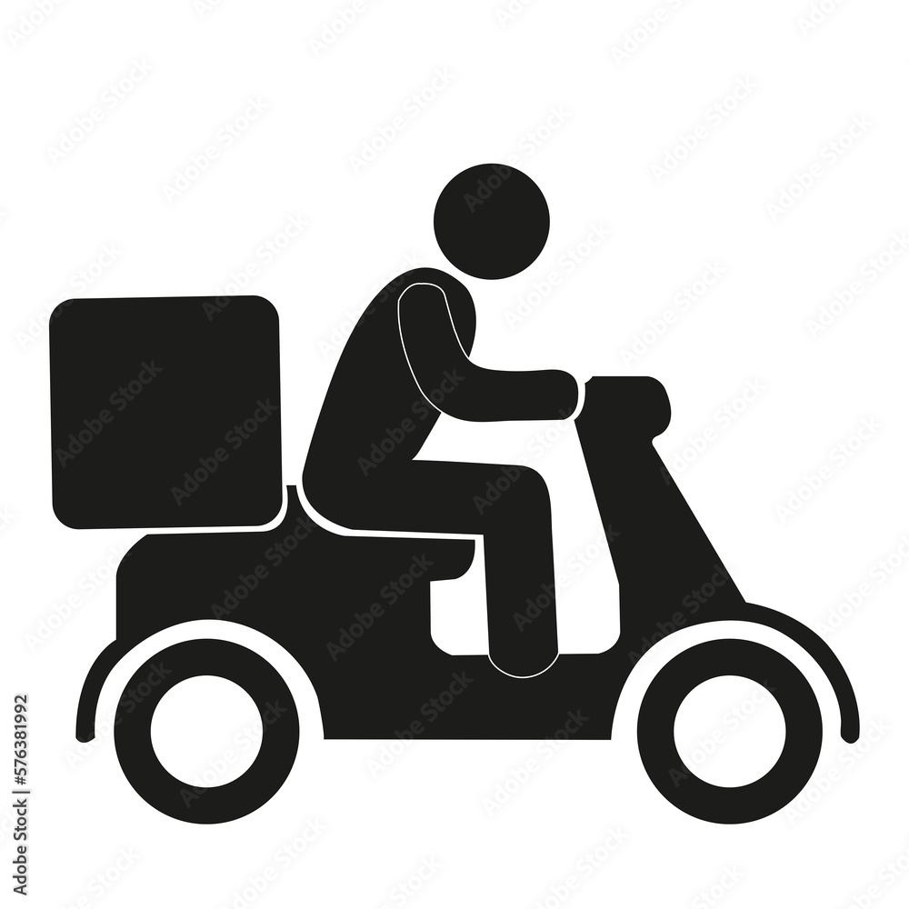  Icono de envío rápido repartidor montando una motocicleta sobre un fondo blanco liso y aislado. Vista de frente y de cerca. Copy space