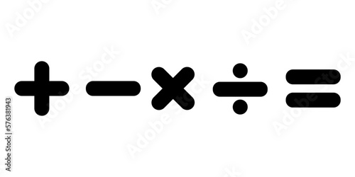 Basic math symbols icons set,  basic mathematics symbols collection plus minus equal divide multiply icon set, black mathematics symbols icons  isolated on white background.