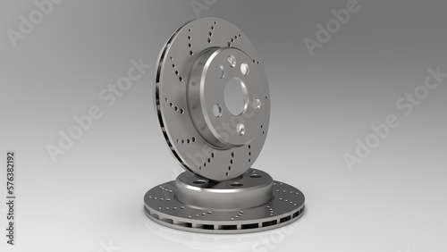 Brake discs (automotive spare part) on gray background 3D Rendering