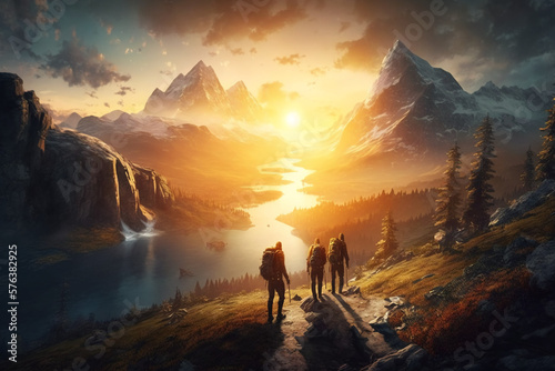 Tourists are moving towards the mountains behind which the sun rises, three climbers are moving towards the big mountains, generated ai © Creative Team