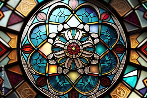 Stained glass close-up, ethnic group, symmetrical, seamless game texture, Myanmar, on canvas - Generative ai