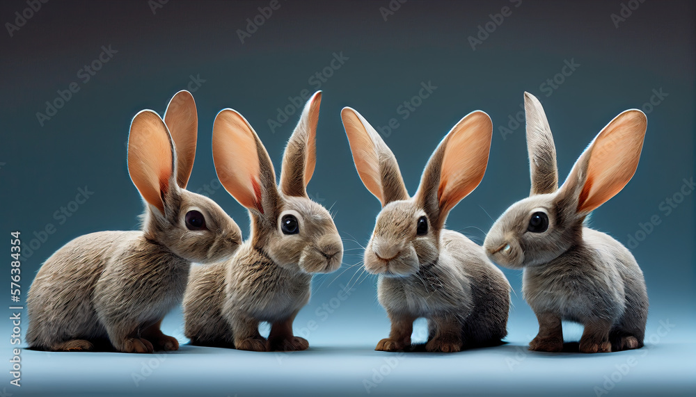 Fototapeta premium Four baby bunny rabbits in a row, studio setting, blue backdrop, AI generative 