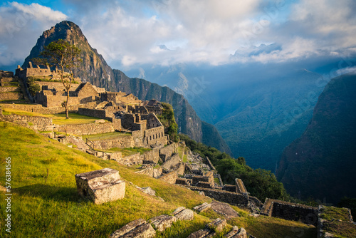 Machu Picchu Sacred Inca Ruins, Peru, Sunny Valley, Aerial Drone Shot, Daylight over Latin American Indigenous Temple
