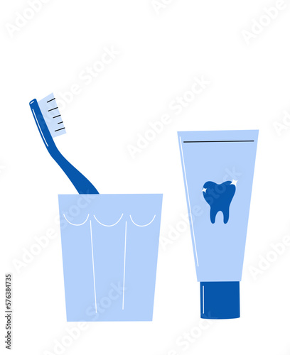 Toothbrush and Toothpaste in a Glass.  Dental Routine vector illustration.
