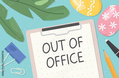 auto responder out of office written on a clipboard; spring, easter vacation concept - vector illustration