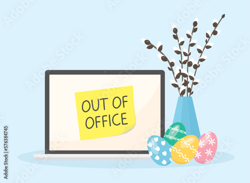 auto responder out of office written on a laptop screen; spring, easter vacation concept - vector illustration