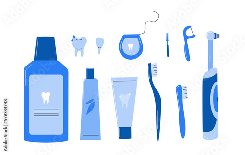 Set of dental cleaning tools and oral care hygiene products. Illustration of toothbrush, tooth, toothpaste and dental floss