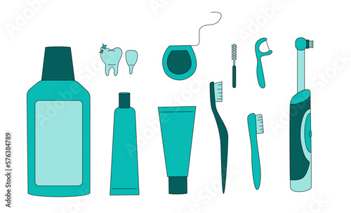 Set of dental cartoon cleaning tools and oral care hygiene products. Illustration of toothbrush, tooth, toothpaste and dental floss	