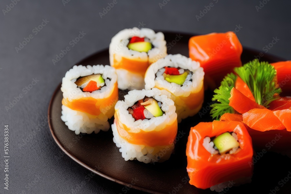 Delicious Sushi Roll with Fresh Seafood and Soy Sauce Dip - Japanese Cuisine Food Photography for Restaurants and Foodies Delicious Sushi Roll with Fresh Seafood and Soy Sauce Dip - Japanese Cuisine Food Photography for Restaurants and Foodies