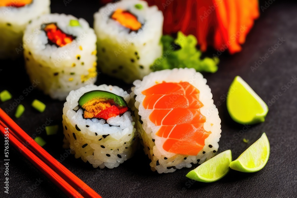 Delicious Sushi Roll with Fresh Seafood and Soy Sauce Dip - Japanese Cuisine Food Photography for Restaurants and Foodies