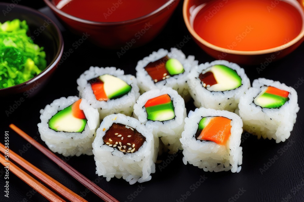 Delicious Sushi Roll with Fresh Seafood and Soy Sauce Dip - Japanese Cuisine Food Photography for Restaurants and Foodies Delicious Sushi Roll with Fresh Seafood and Soy Sauce Dip - Japanese Cuisine Food Photography for Restaurants and Foodies