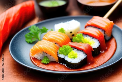 Delicious Sushi Roll with Fresh Seafood and Soy Sauce Dip - Japanese Cuisine Food Photography for Restaurants and Foodies