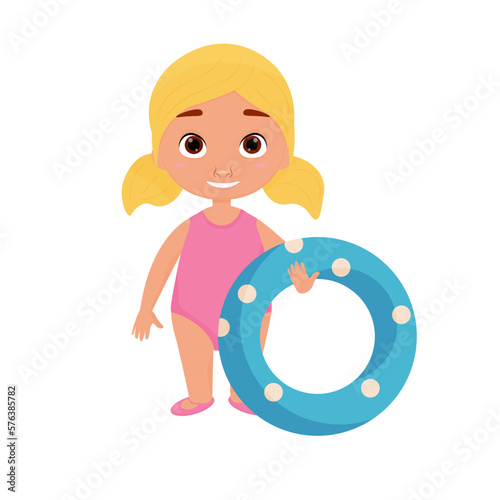 vector illustration of a cartoon girl in a swimsuit with an inflatable ring. illustrations on a white background. summer holidays and fun.
