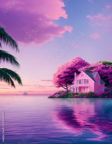Beach house and colorful flowers