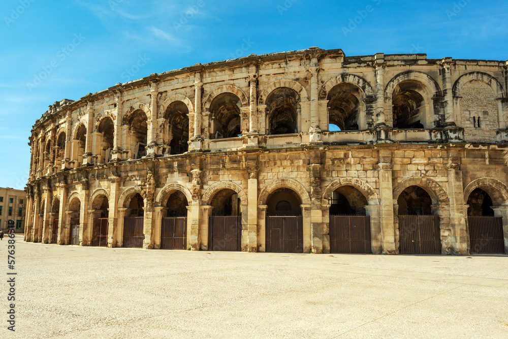 Arena of Nimes, famous ancient Roman Empire amphitheater in Nimes, Occitanie region, Southern France
