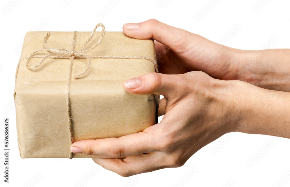 Obraz premium Cute gift box with ribbon bow in hands, isolated on white