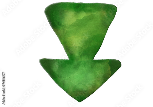 Green triangular arrow to the bottom drawn by hand arrow thick in watercolor