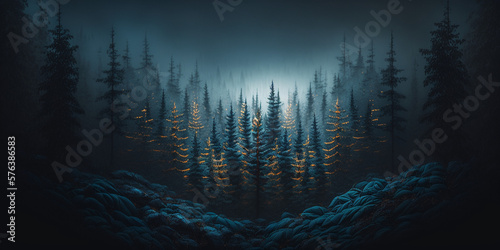 Misty landscape with fir forest in hipster vintage retro style