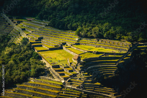 detailed view of Machu Picchu citadel , Inca Trail, Terraces, Temple, Peru with Andean Cordillera Shining in the Background, UNESCO Protected Site photo