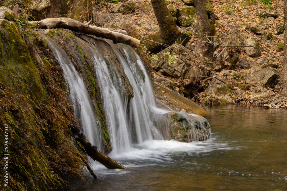 Fototapeta premium Waterfall in the forest surrounded by trees covered with moss