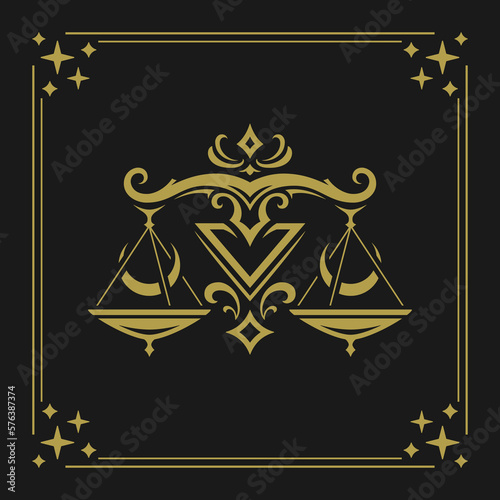 Libra zodiac sacred half moon on scales horoscope vintage card design with frame vector