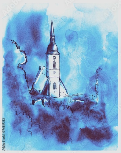 Canvas Print watercolor sketch main church in Bratislava slovakia