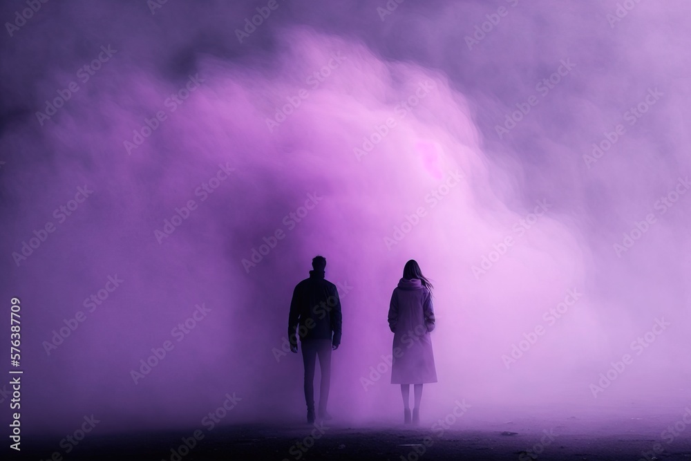 Silhouette of a couple in purple smoke color