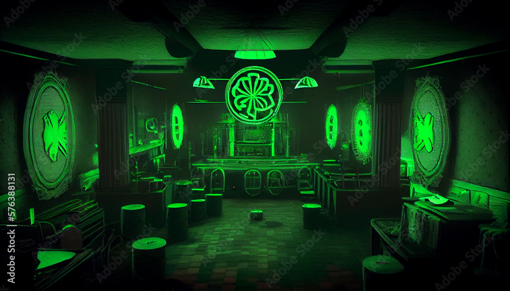 Obraz premium A nightclub with St. Patrick's Day decorations and lots of green lights generative AI