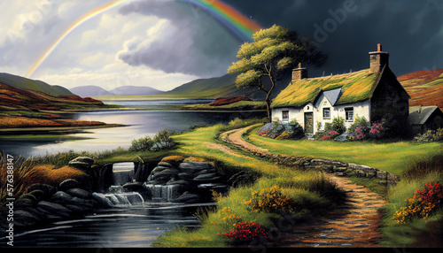 A picturesque Irish landscape with a rainbow and four-leaf clovers generative AI photo