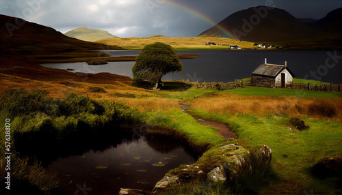 A picturesque Irish landscape with a rainbow and four-leaf clovers generative AI photo