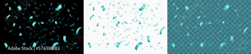 Falling Shiny Blue Confetti. Blue Serpentine isolated on white, black and transparent golden background. Bright festive blue tinsel. Realistic 3d vector illustration