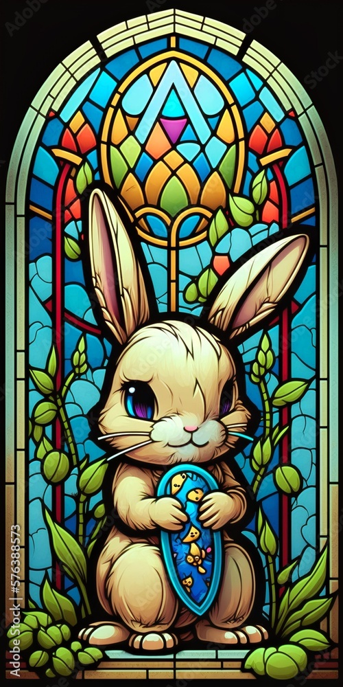 Rabbit and easter eggs on stained glass, Generative AI