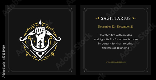 Sagittarius zodiac astrology data description vintage black card design template set vector