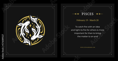 Pisces zodiac symbol lunar calendar data description vintage black card design template set vector