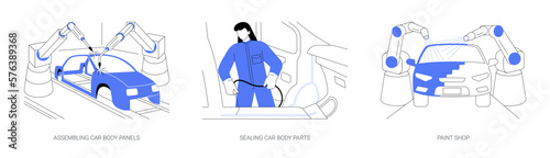 Body shop in automotive industry abstract concept vector illustrations.