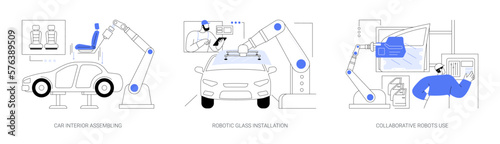 Vehicle interior assembling abstract concept vector illustrations.