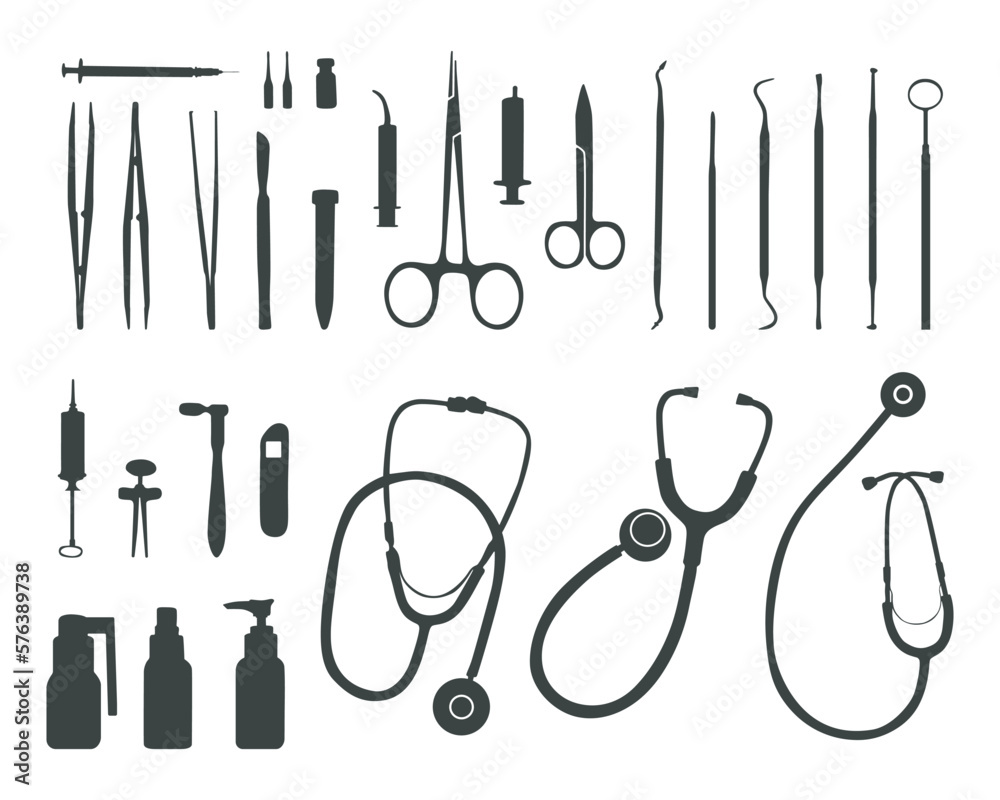 Medical tools silhouette, Doctor tools silhouette, Medical equipment