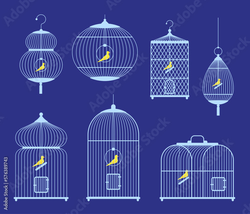 Vector bird cages set with birds inside. Cage silhouettes of different types square, rectangle, arch and round with birds inside isolated