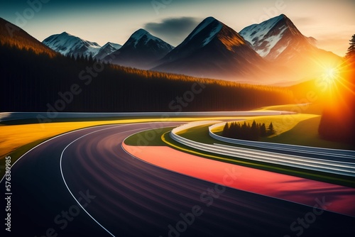 A curvy road to the mountains at sunset, travel mood fantasy scenery.