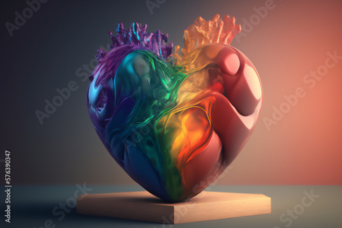 An image of a heart filled with liquid rainbow colors and the LGBTQ+ flag