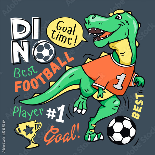 Art. Cute dinosaur plays soccer. Print on a gray background. Design for kids poster, T-shirt, prints, nursery closing, fabrics. Vector illustration. T-rex dinosaur. Football